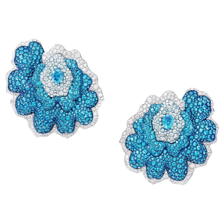 Enchanted Garden gold, titanium, diamond, Paraíba tourmaline and blue topaz earrings, 2017