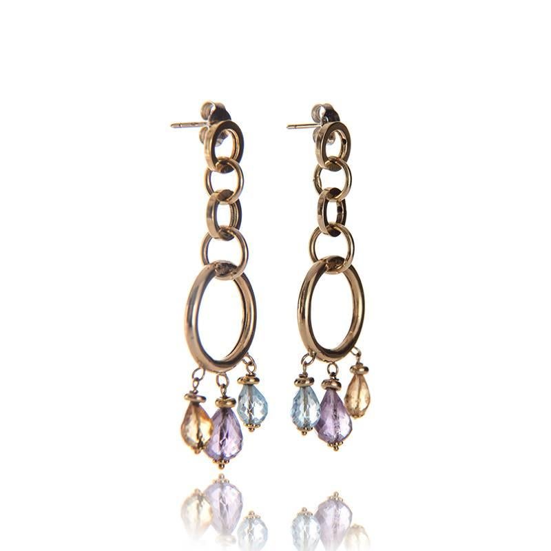 Contemporary 18kt Yellow Gold Topaz, Amethyst and Citrine Italian Drop Earrings Handmade