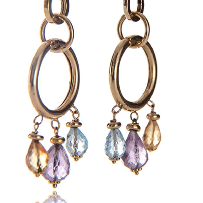 18kt Yellow Gold Topaz, Amethyst and Citrine Italian Drop Earrings Handmade In New Condition In London, GB