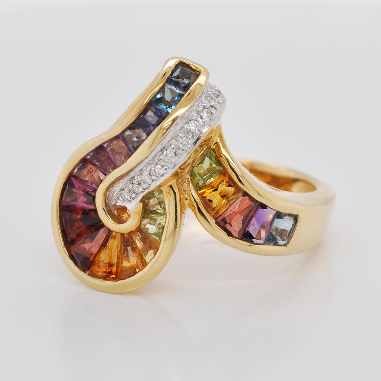 18 Karat Gold Topaz Amethyst Garnet Citrine Peridot Iolite Diamond Rainbow Ring For Sale 4