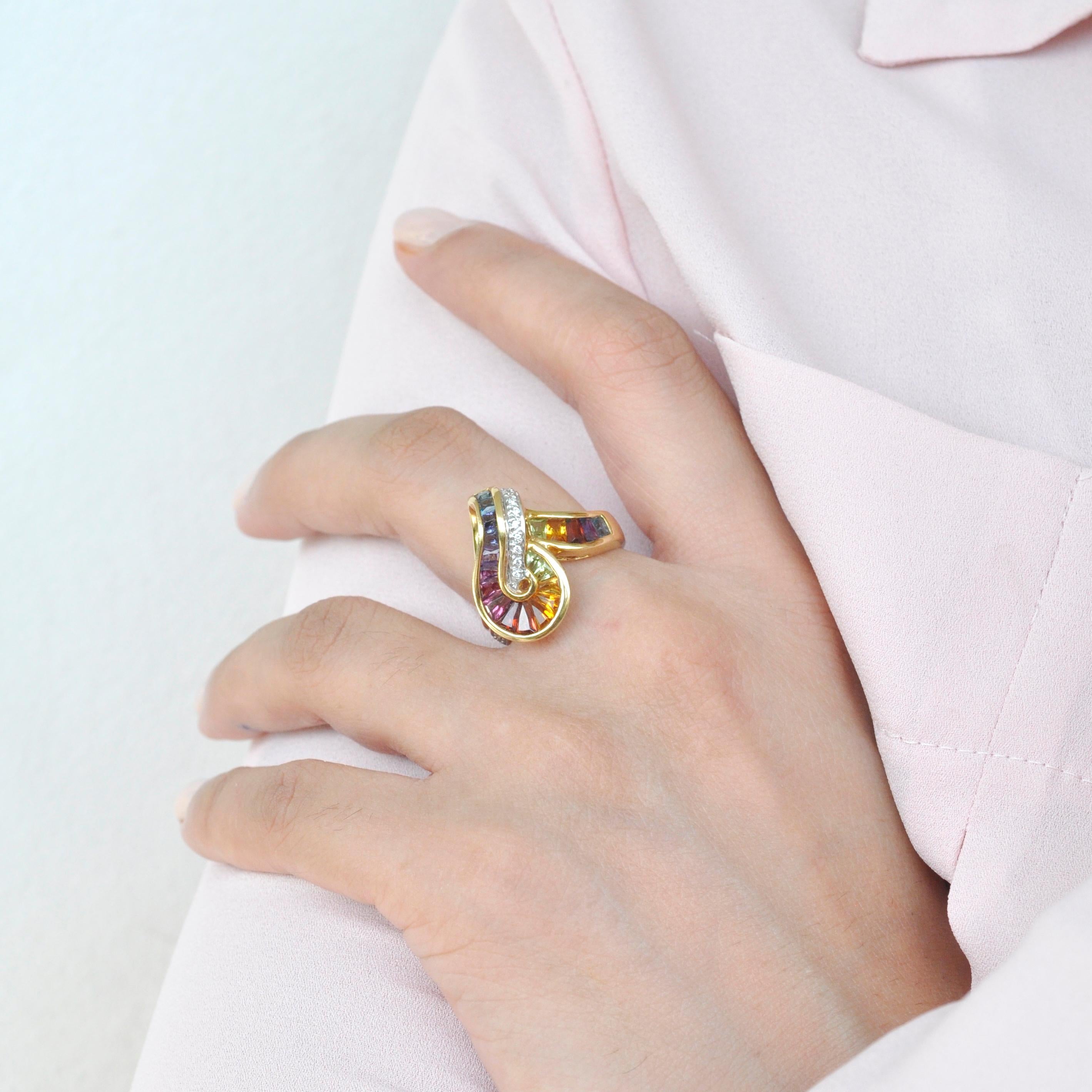 18 Karat Gold Topas Amethyst Granat Citrin Peridot Iolith Diamant Regenbogen Ring im Angebot 8