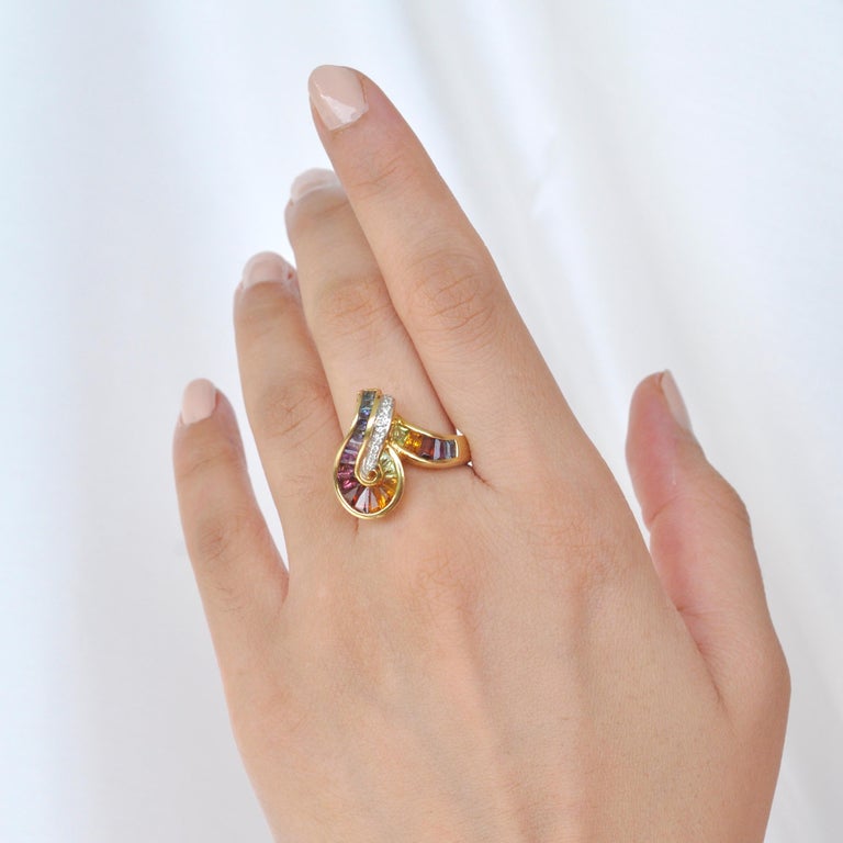 18 Karat Gold Topaz Amethyst Garnet Citrine Peridot Iolite Diamond Rainbow Ring For Sale 9