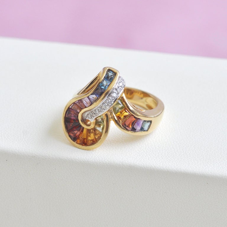 18 Karat Gold Topaz Amethyst Garnet Citrine Peridot Iolite Diamond Rainbow Ring For Sale 10