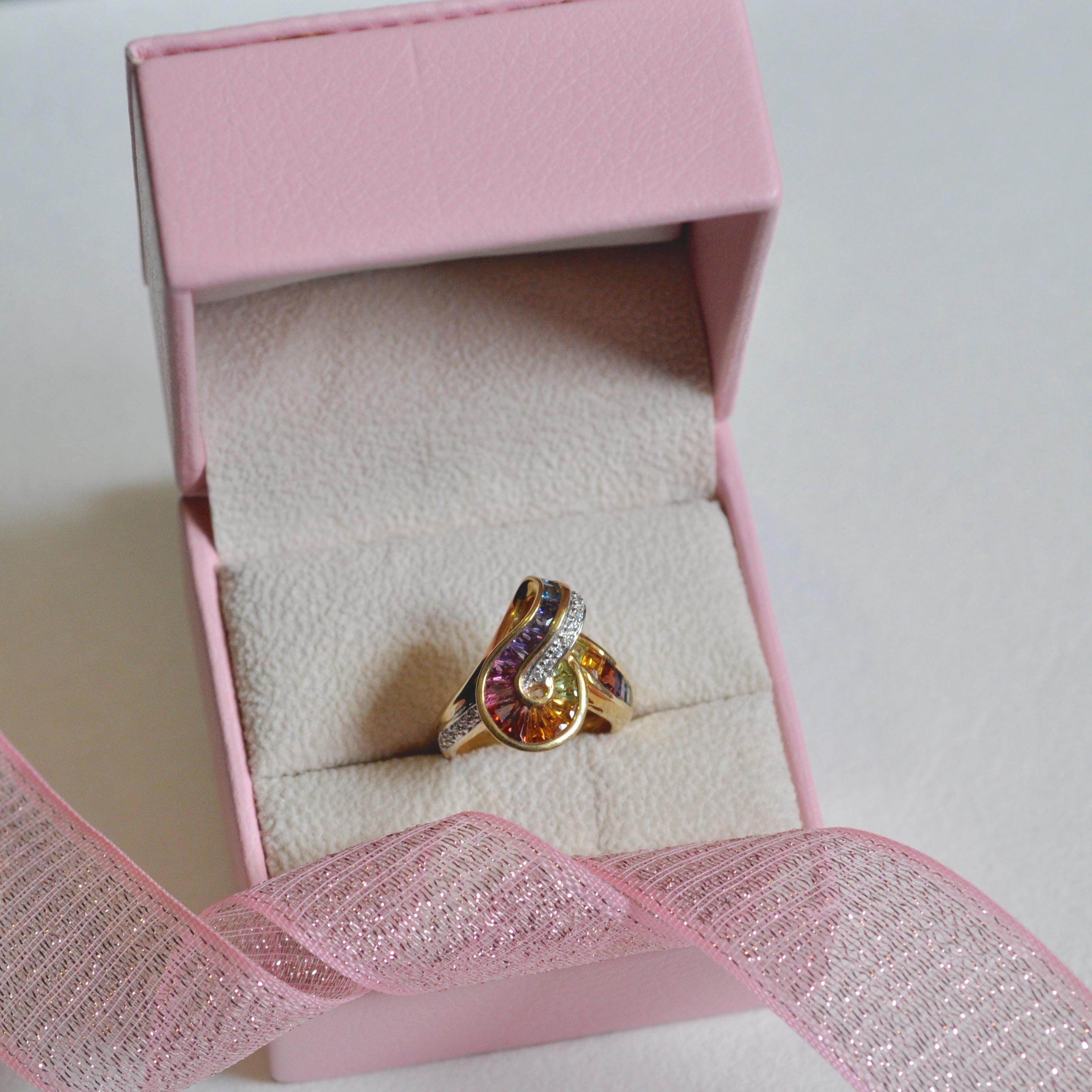 18 Karat Gold Topas Amethyst Granat Citrin Peridot Iolith Diamant Regenbogen Ring im Angebot 11