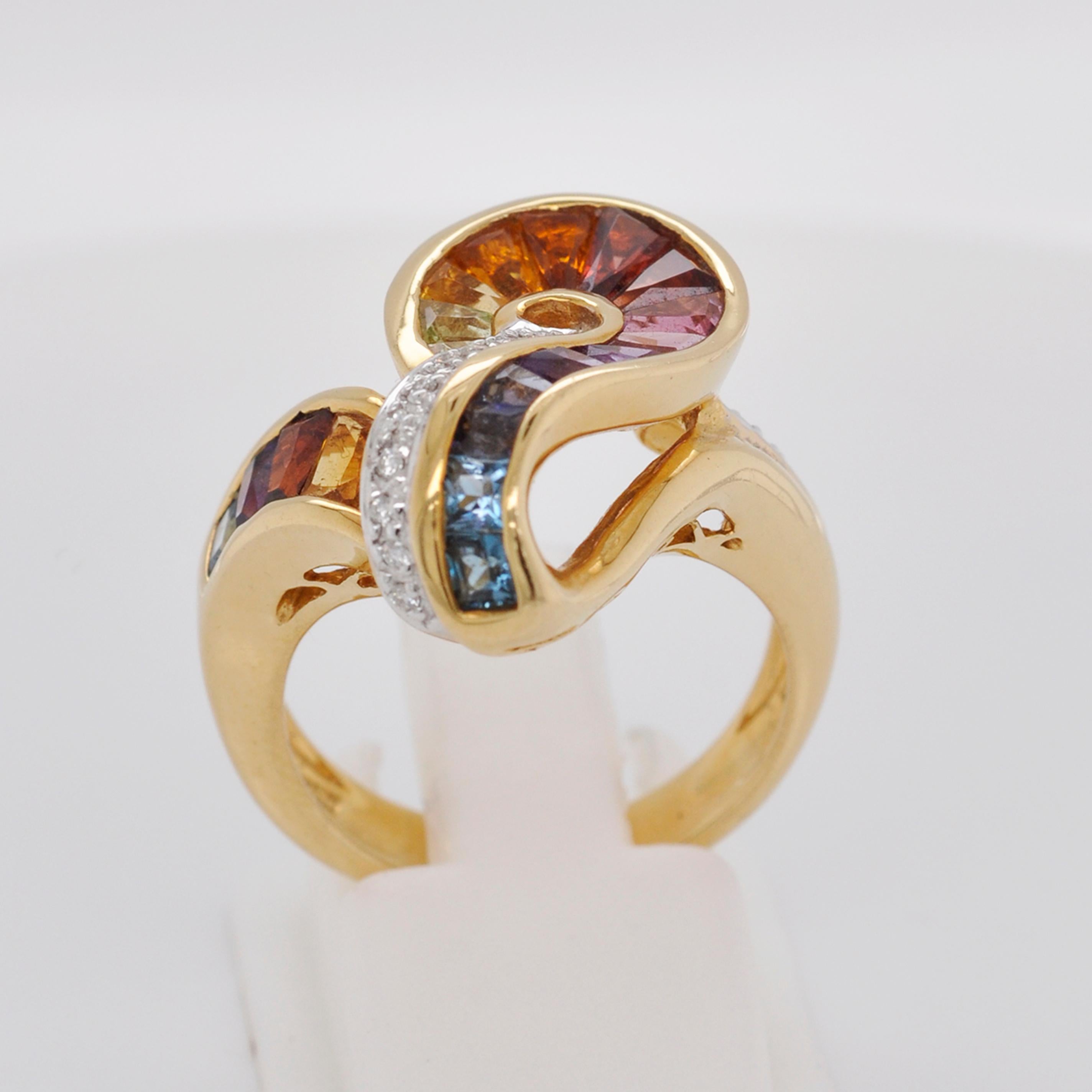 Contemporary 18 Karat Gold Topaz Amethyst Garnet Citrine Peridot Iolite Diamond Rainbow Ring For Sale