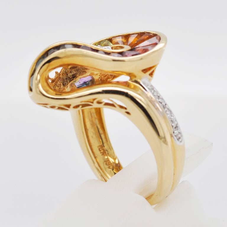 Tapered Baguette 18 Karat Gold Topaz Amethyst Garnet Citrine Peridot Iolite Diamond Rainbow Ring For Sale