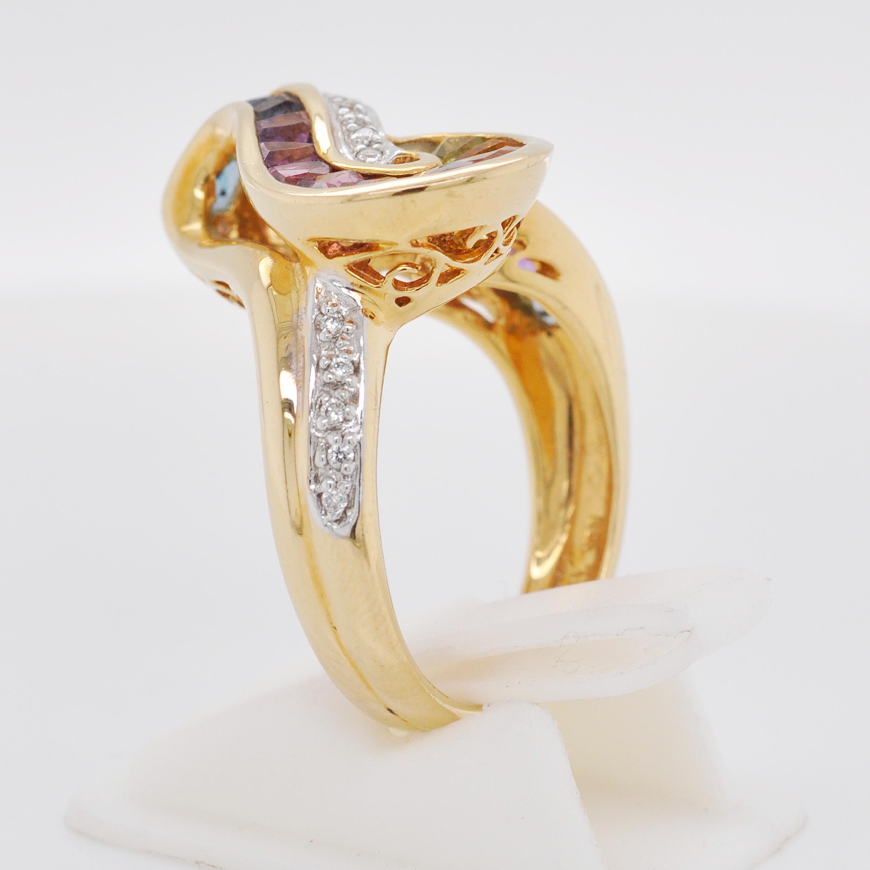 18 Karat Gold Topas Amethyst Granat Citrin Peridot Iolith Diamant Regenbogen Ring im Angebot 3