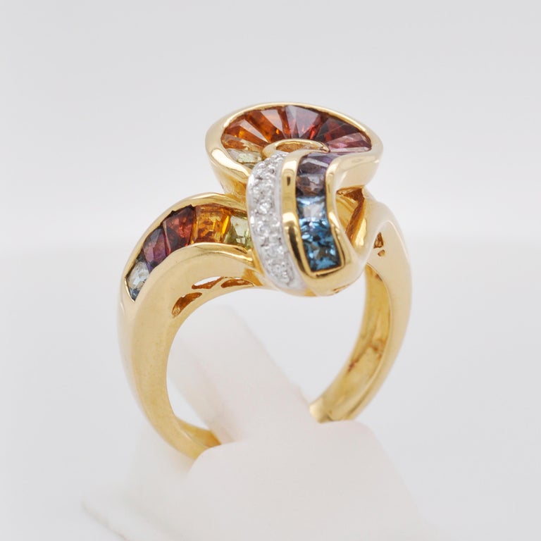 18 Karat Gold Topaz Amethyst Garnet Citrine Peridot Iolite Diamond Rainbow Ring For Sale 2