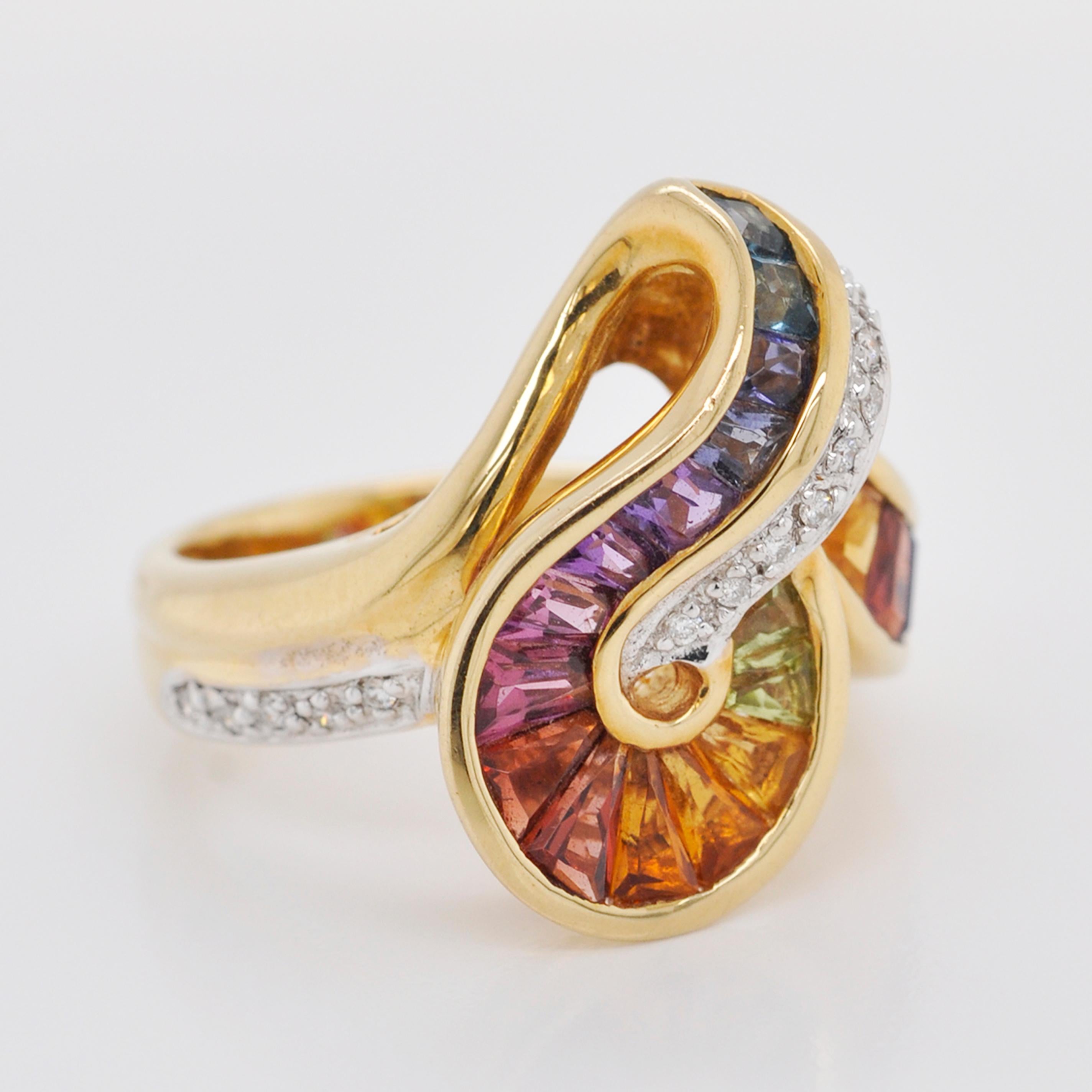 18 Karat Gold Topas Amethyst Granat Citrin Peridot Iolith Diamant Regenbogen Ring (Baguette-Treppenschliff) im Angebot