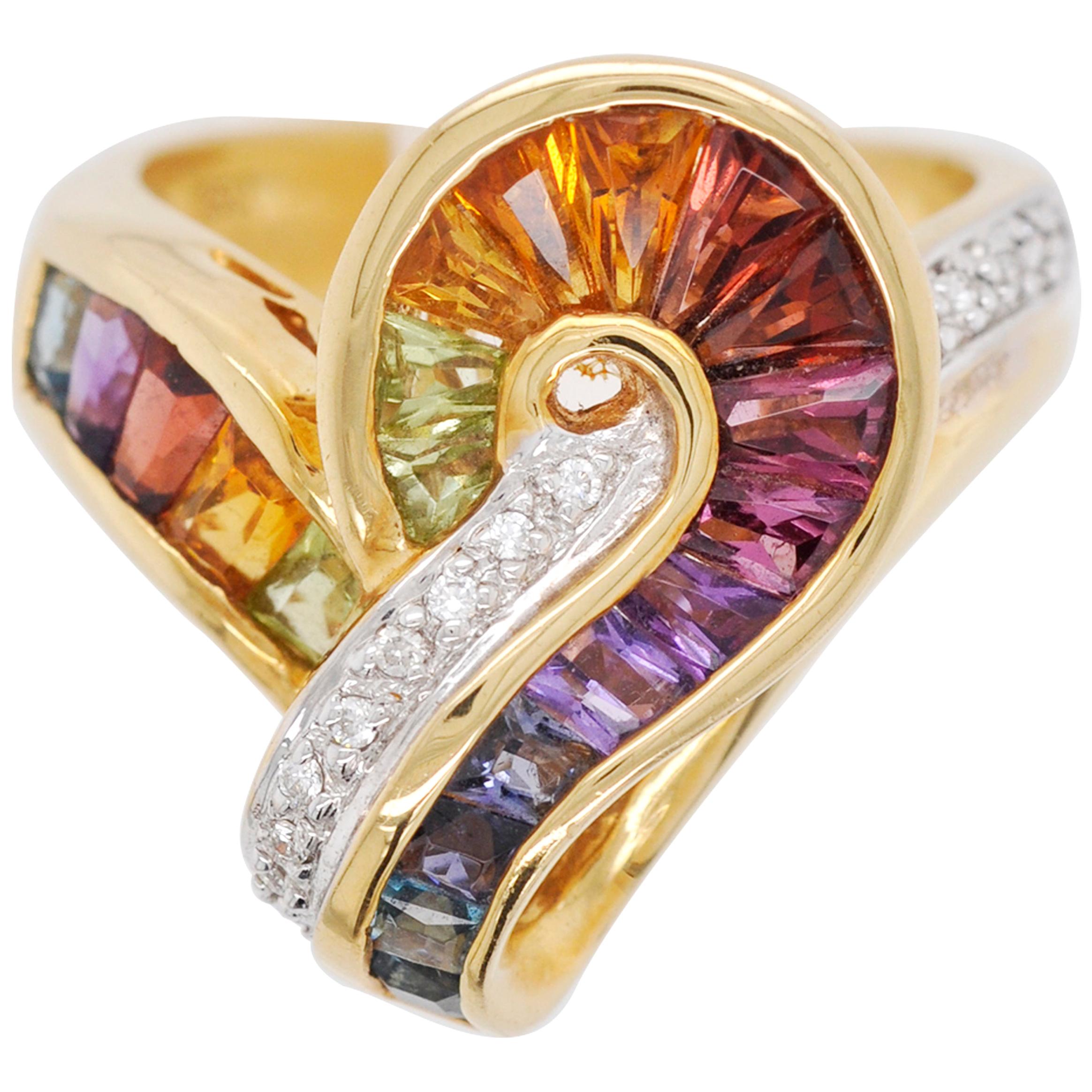 Bague arc-en-ciel en or 18 carats, topaze, améthyste, grenat, citrine, péridot, iolite, diamant et diamant