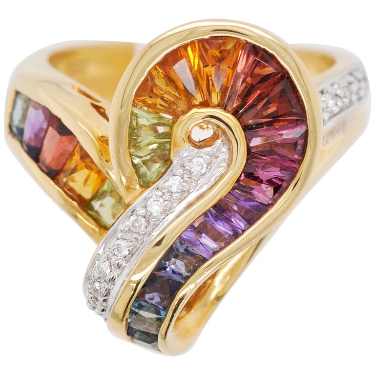 18 Karat Gold Topaz Amethyst Garnet Citrine Peridot Iolite Diamond Rainbow Ring For Sale