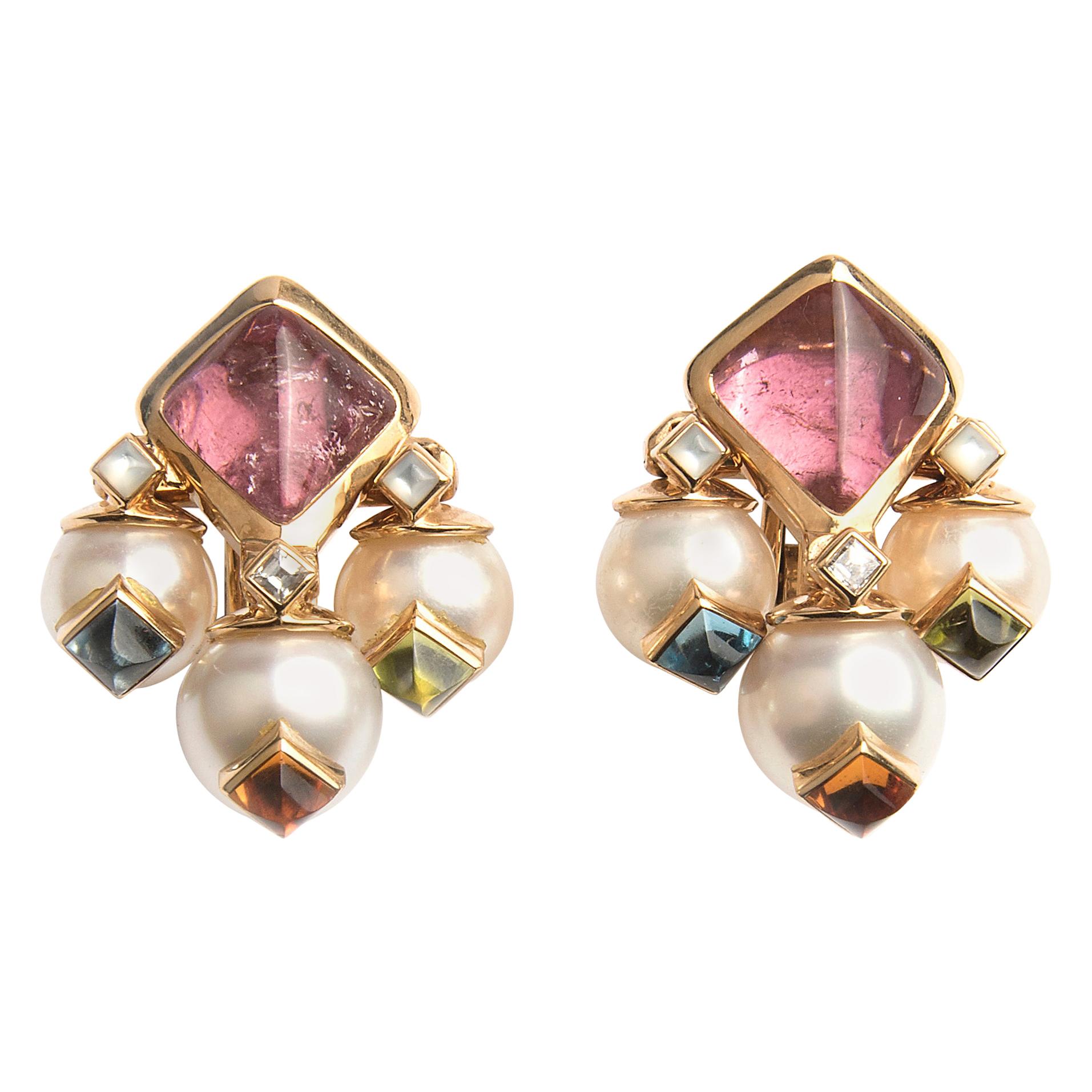 18 Karat Gold Tourmaline Cultured Pear Earrings Aquila by Marina B For Sale