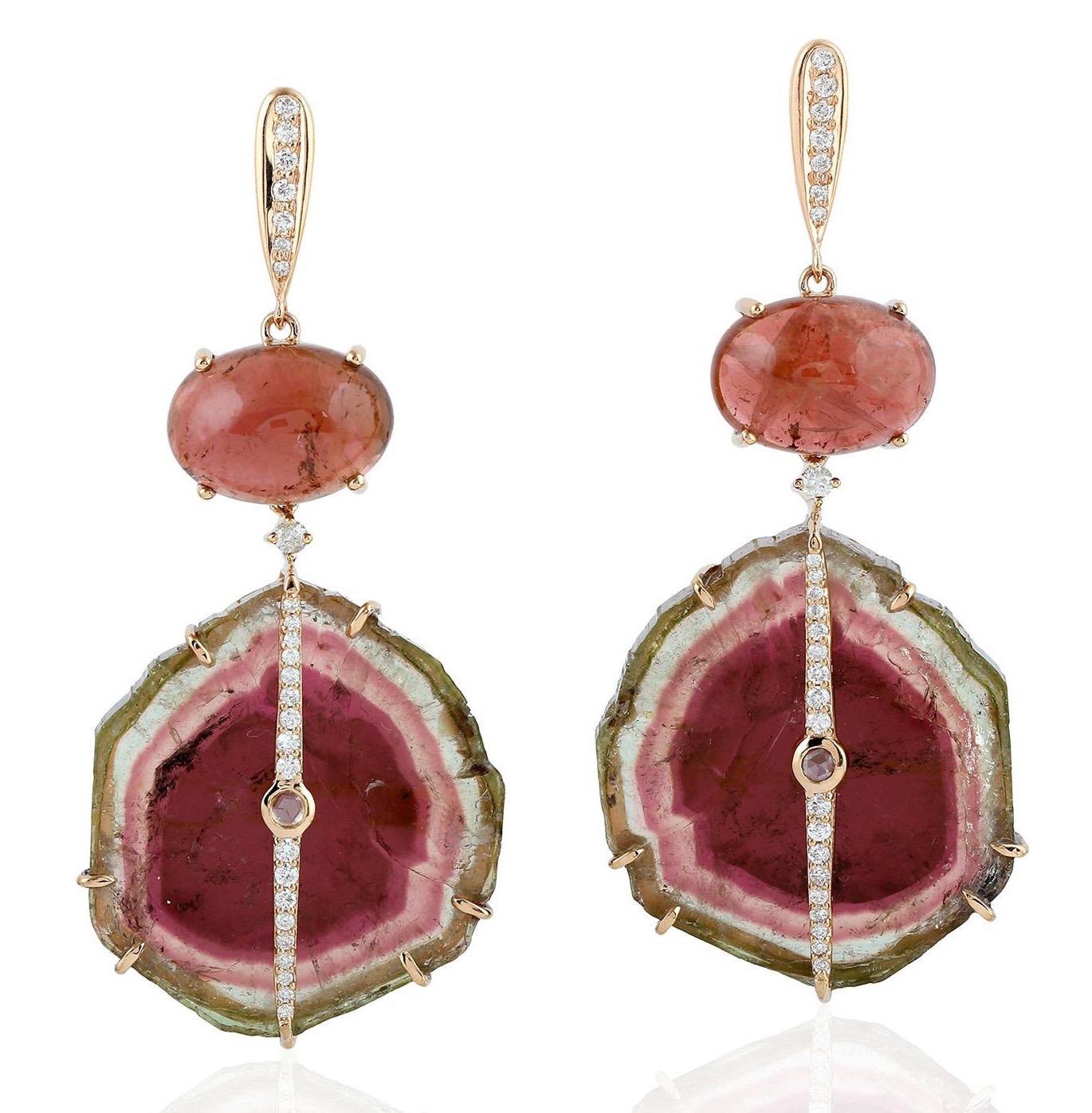 Mixed Cut Tourmaline Diamond 18 Karat Gold Earrings For Sale