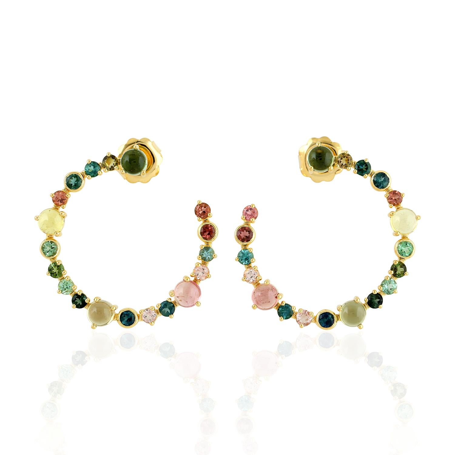 Mixed Cut Tourmaline 18 Karat Gold Hoop Earrings For Sale