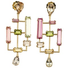  Boucles d'oreilles Mondrian en or 18 carats, tourmaline, péridot et saphir