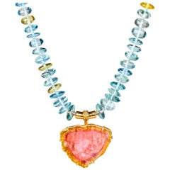 18 Karat Gold Tourmaline Slice Clasp on Aquamarine and Yellow Beryl Necklace