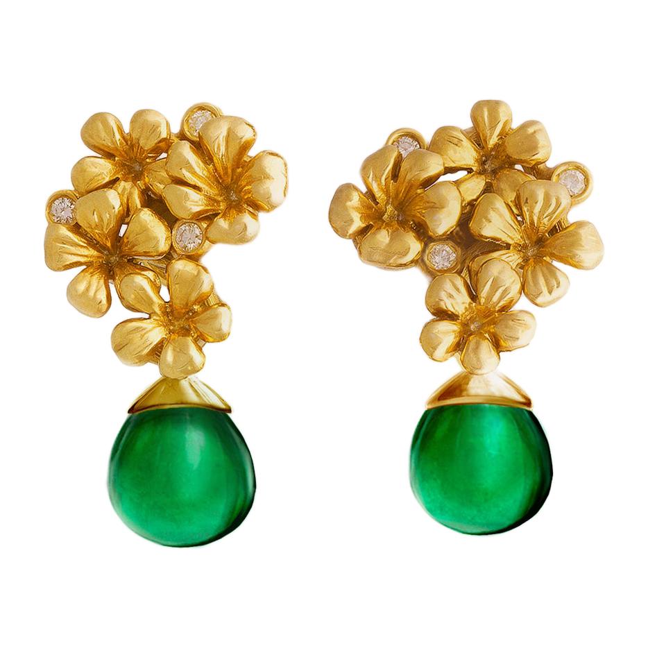 Yellow Gold Transformer Earrings by the Artist with Diamonds and Emeralds For Sale