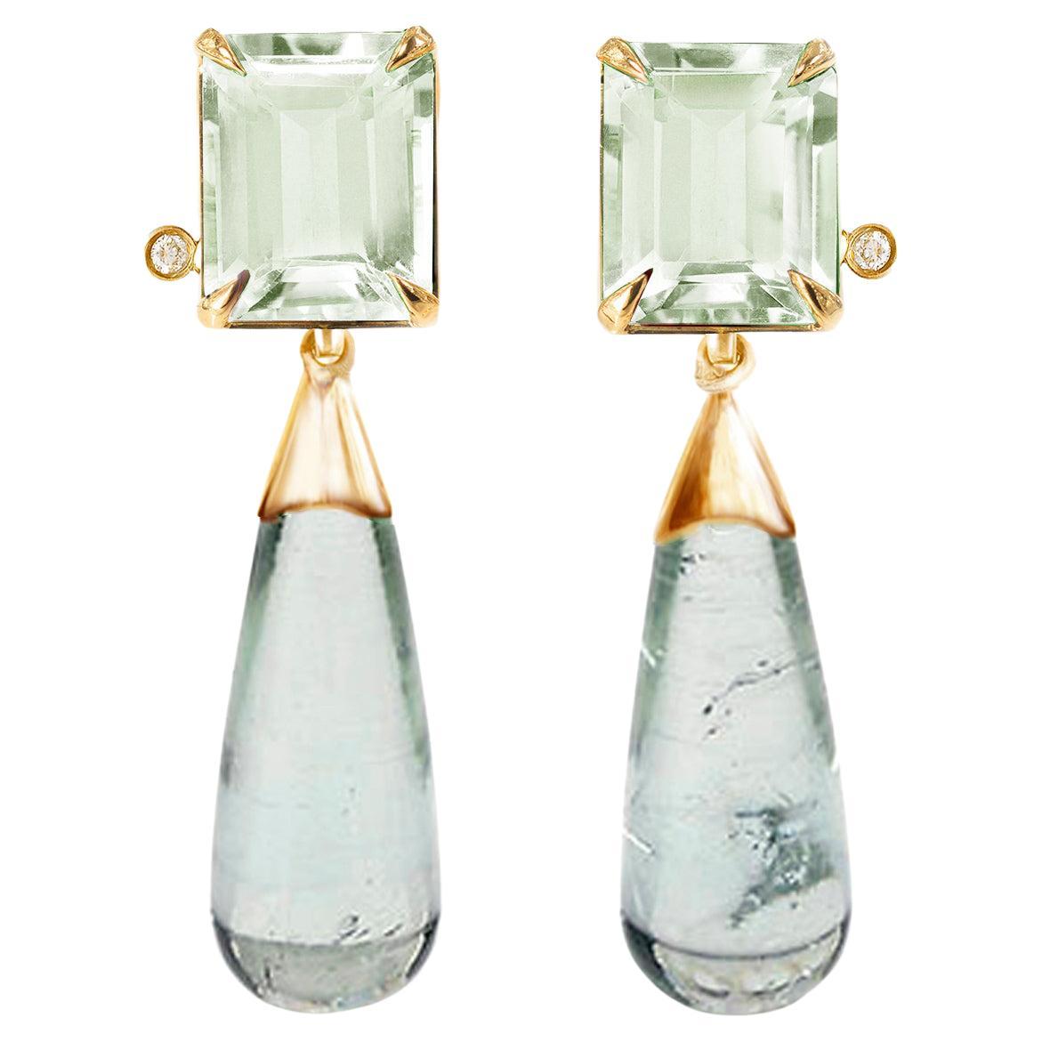 18K Gold Transformer Stud Earrings with Light Green Tourmalines and Diamonds