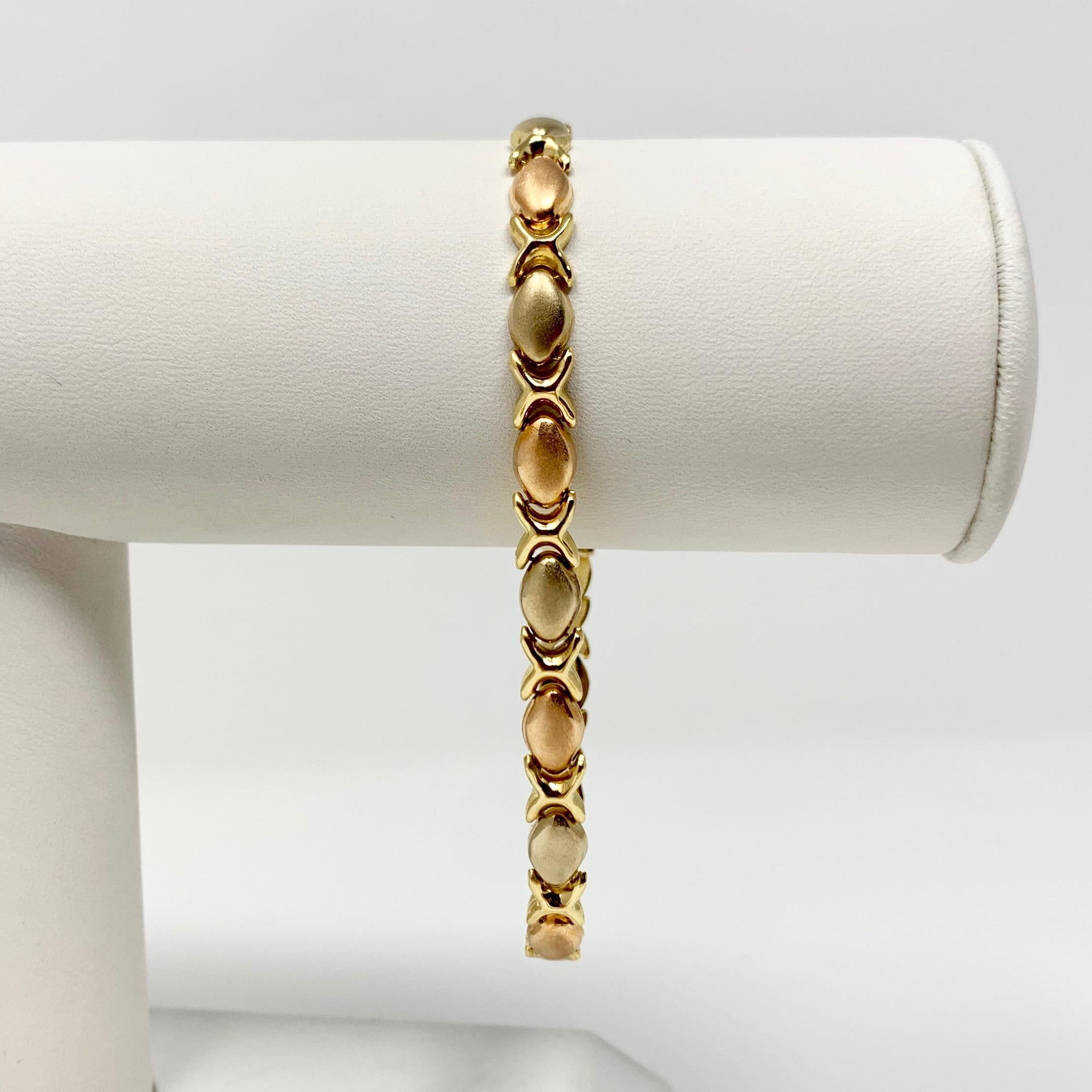 18k Yellow White Rose Gold Tri Tone Hugs and Kisses XO Link Bracelet 8