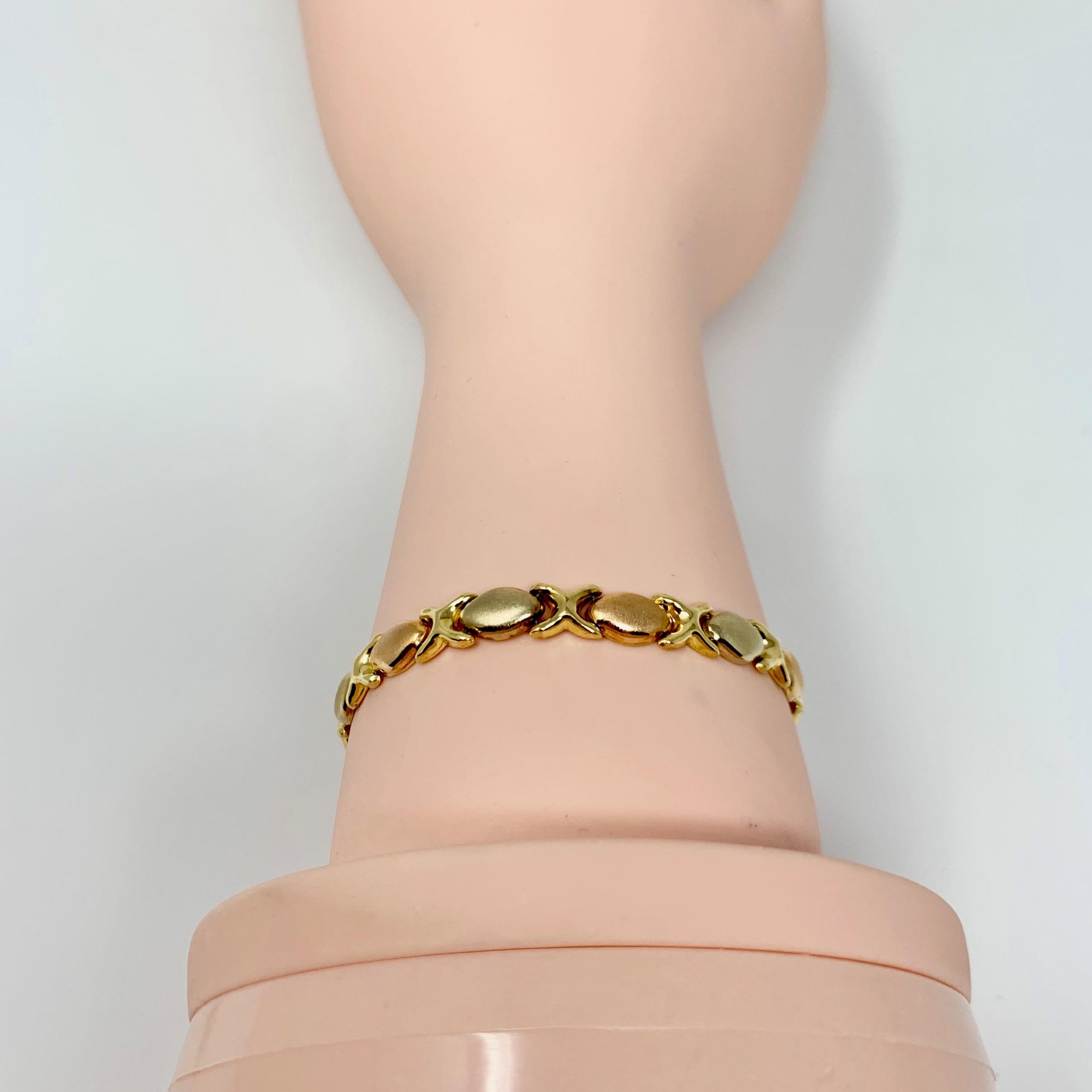 18 Karat Gold Tri Tone Hugs and Kisses XO Link Bracelet 2