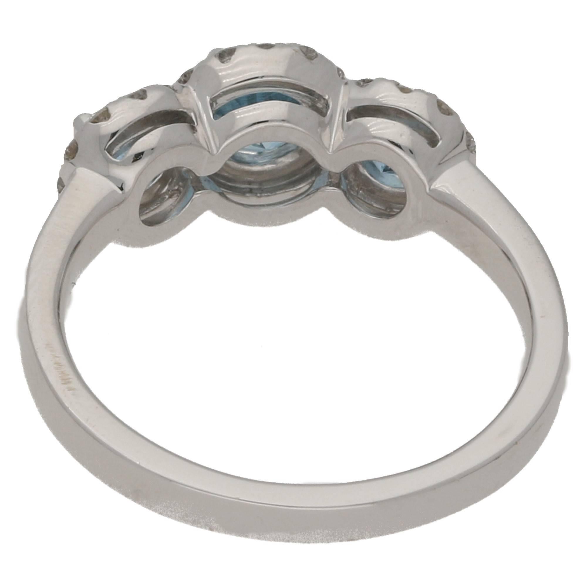 18 Karat Gold Triple Aquamarine Diamond Cluster Ring In New Condition In London, GB