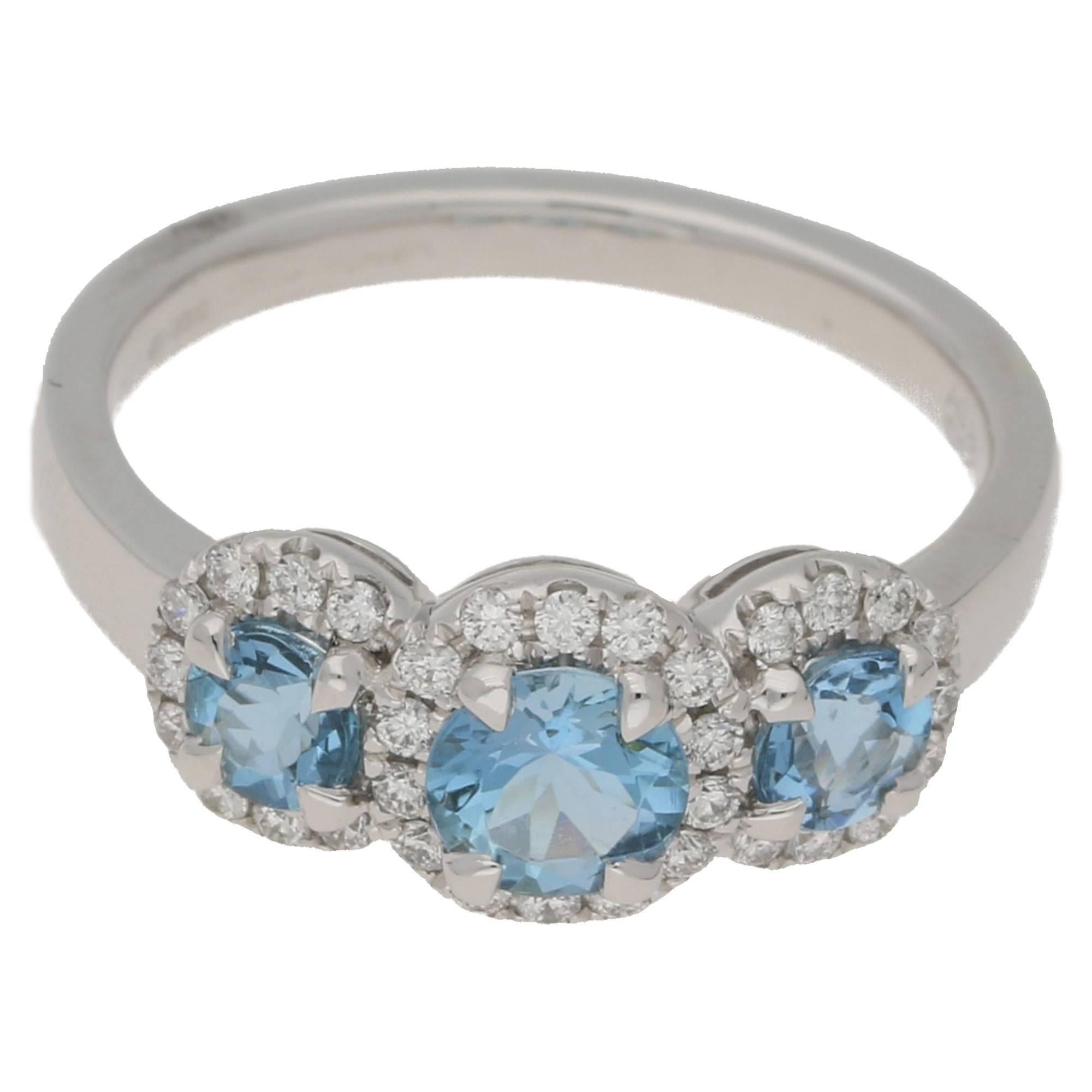 18 Karat Gold Triple Aquamarine Diamond Cluster Ring