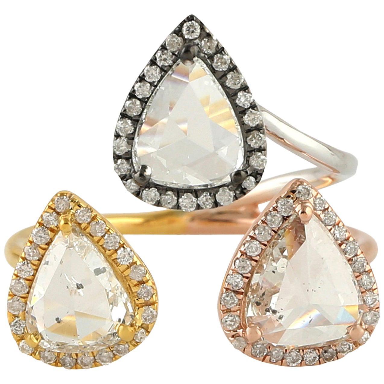 For Sale:  18 Karat Gold Triple Rose Cut Between the Finger Diamond Ring