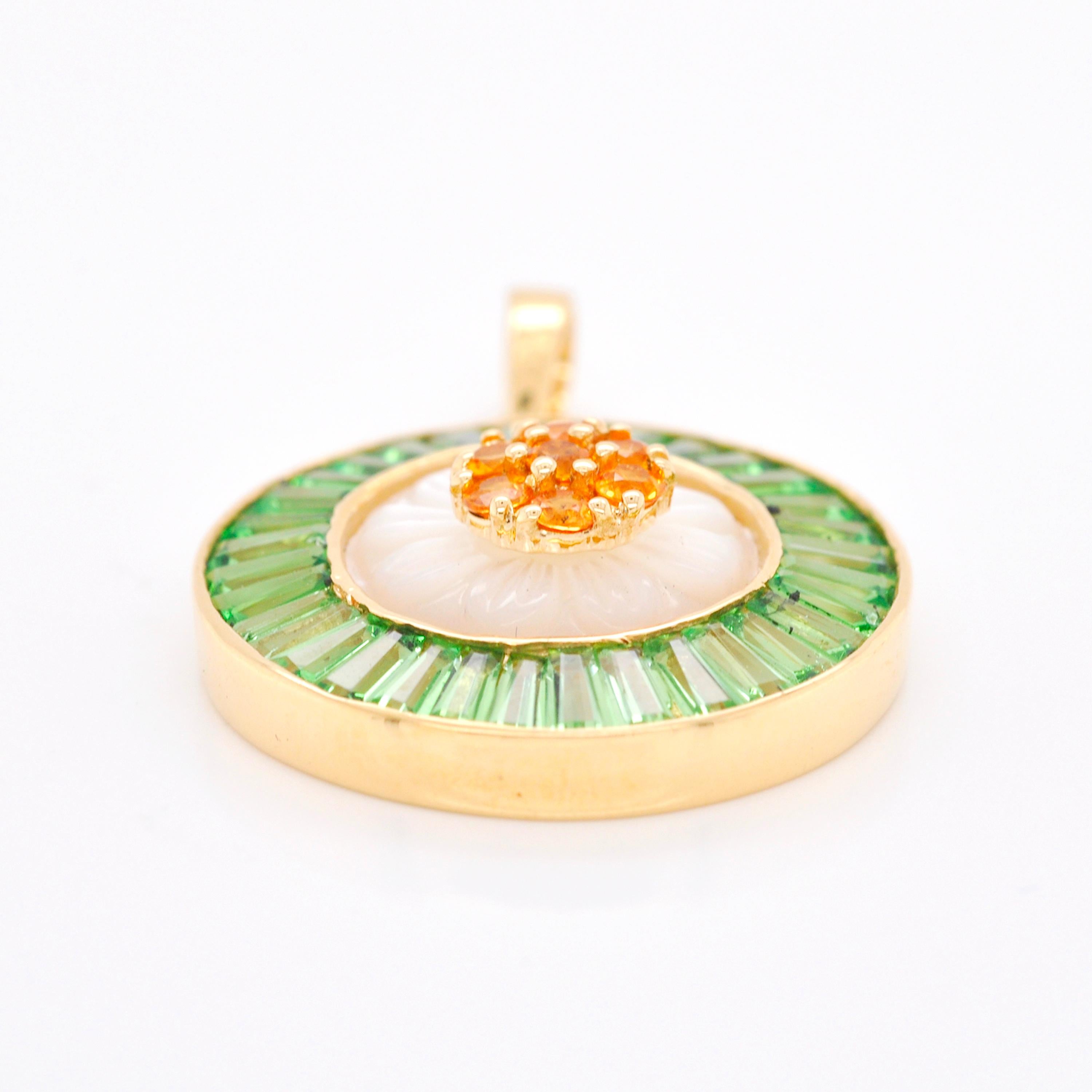 Women's 18 Karat Gold Tsavorite Carved Mother of Pearl Flower Yellow Sapphire Pendant For Sale