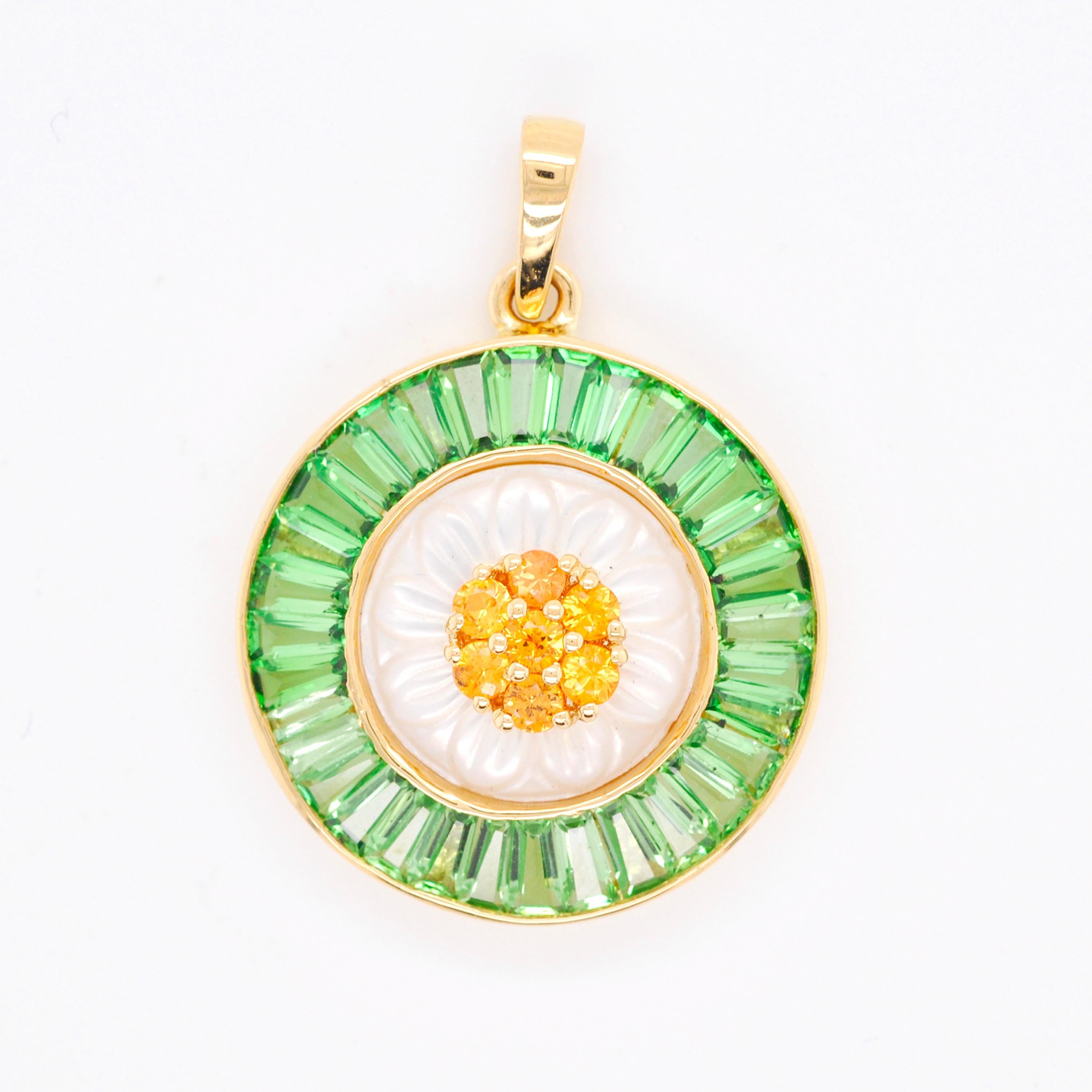 18 Karat Gold Tsavorite Carved Mother of Pearl Flower Yellow Sapphire Pendant For Sale 1