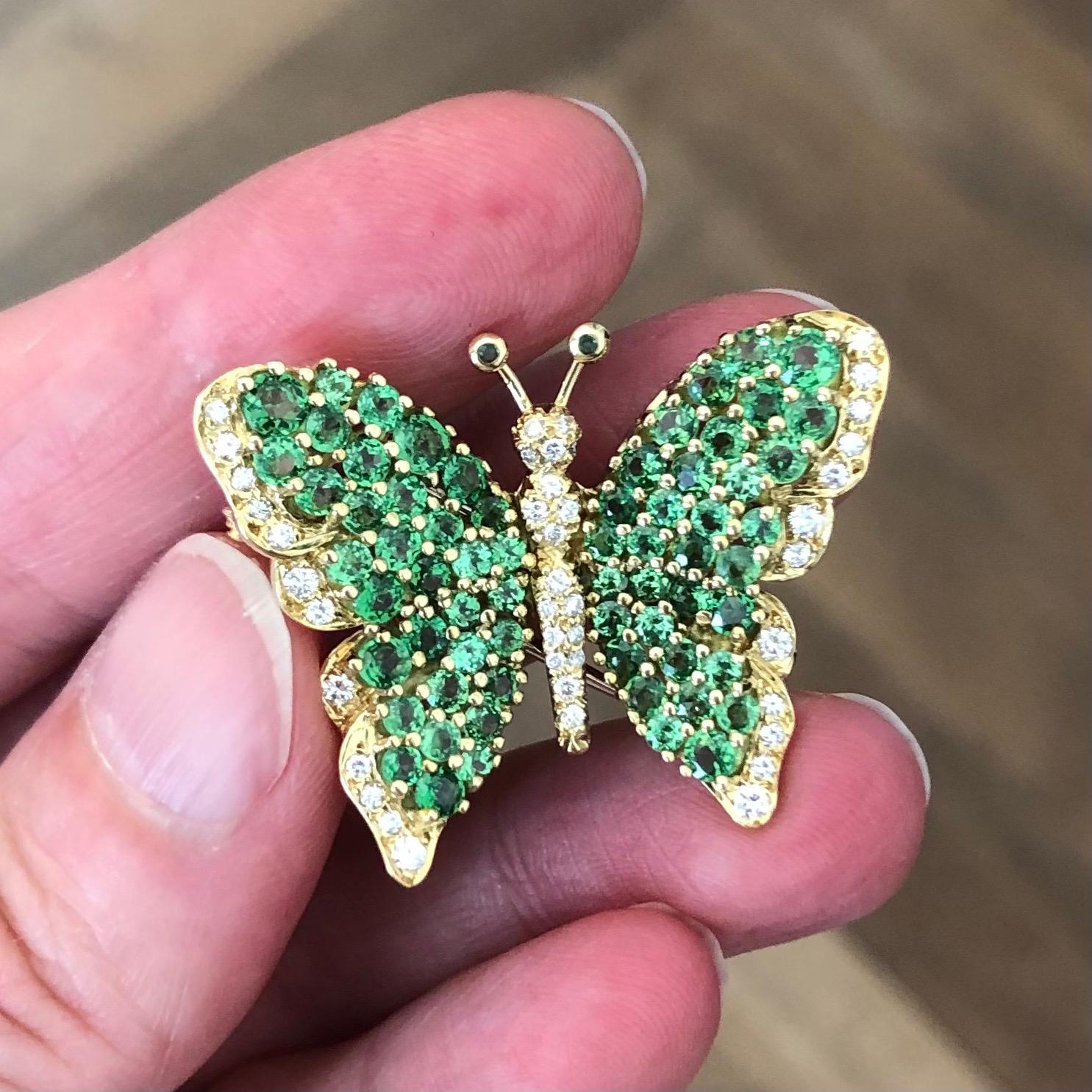 Round Cut 18 Karat Gold Tsavorite Diamond Butterfly Brooch by Tiffany & Co., 1989