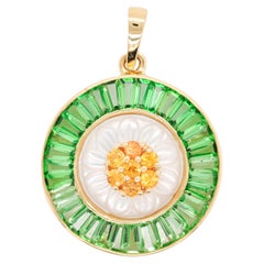 18 Karat Gold Tsavorite Engraved Mother of Pearl Flower Yellow Sapphire Pendant