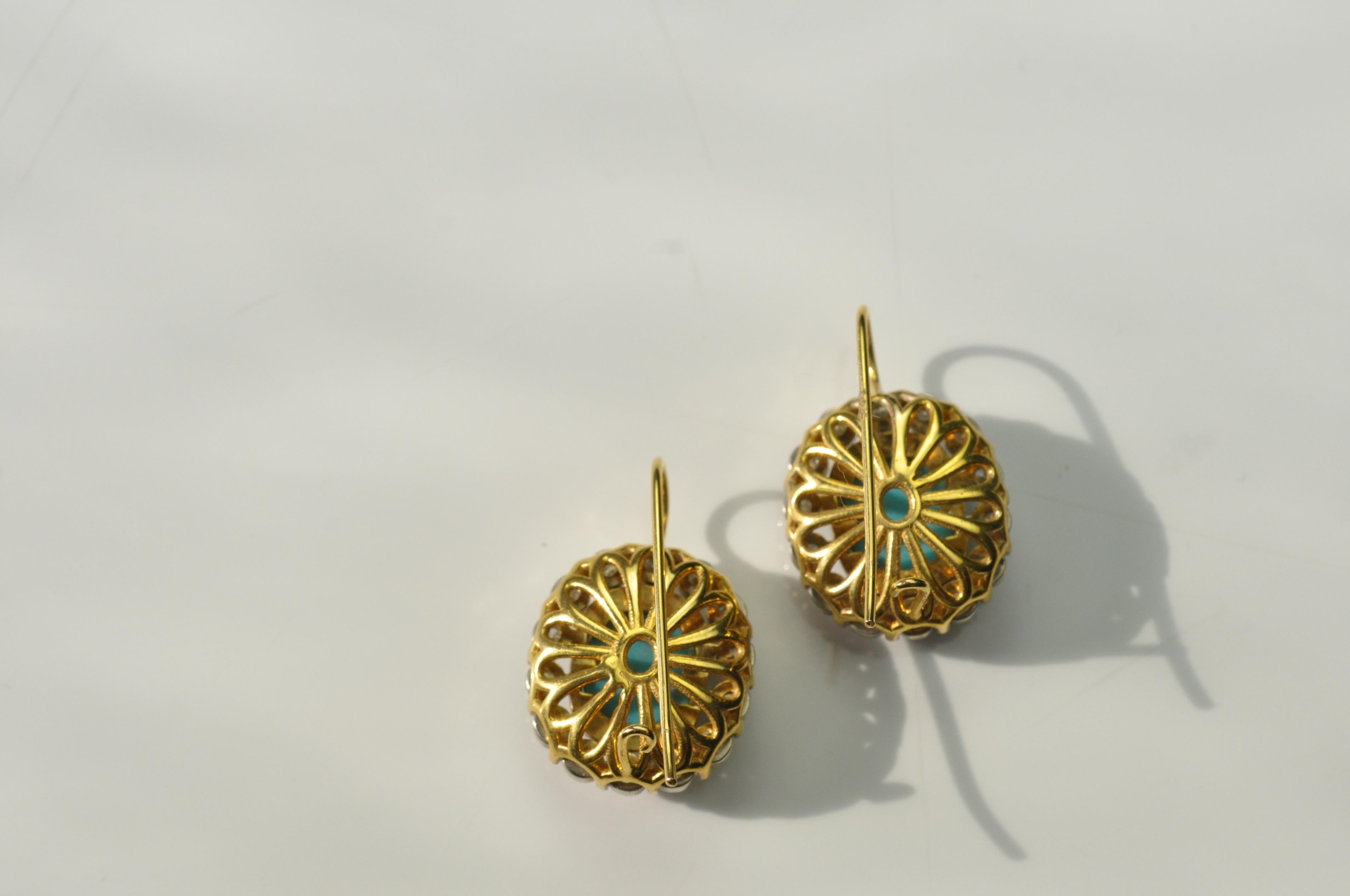 Earrings - Sleeping Beauty Turquoise 5.07cts from Arizona mines, set in 18K Yellow Gold & White Gold. 0.72cts Diamonds. Back detailing with Gallery.  Secure hook closure on Ear wire . Handmade in LA. Hand Miligrain details and mixing colors of gold