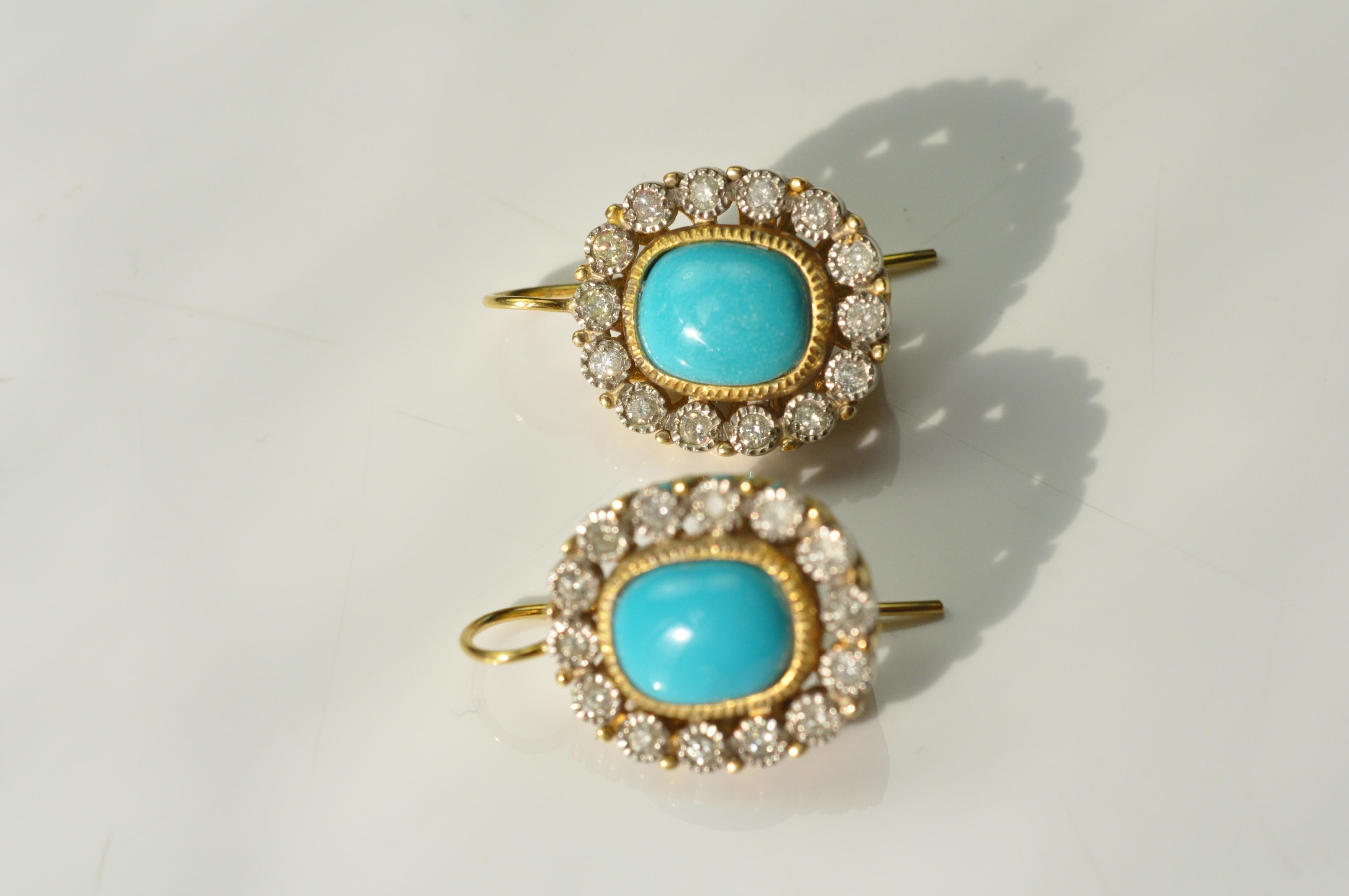 Artisan 18 Karat Gold Turquoise and Diamond Earrings Suneera For Sale