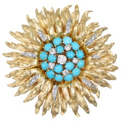 Vintage 18 Karat Gold Turquoise and Diamond Sunburst Brooch