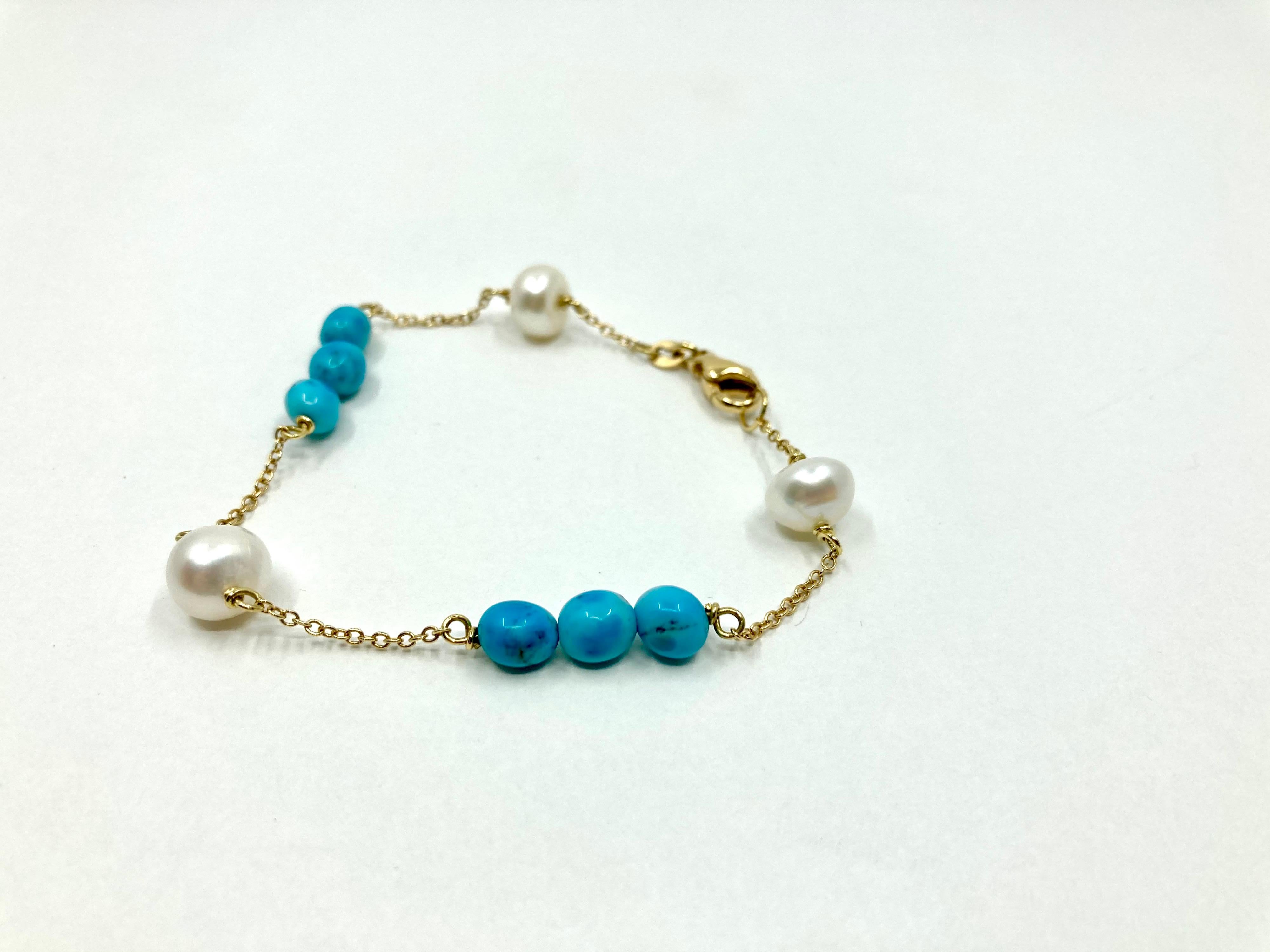 Modern 18 Karat Gold Turquoise and Pearl Bracelet For Sale
