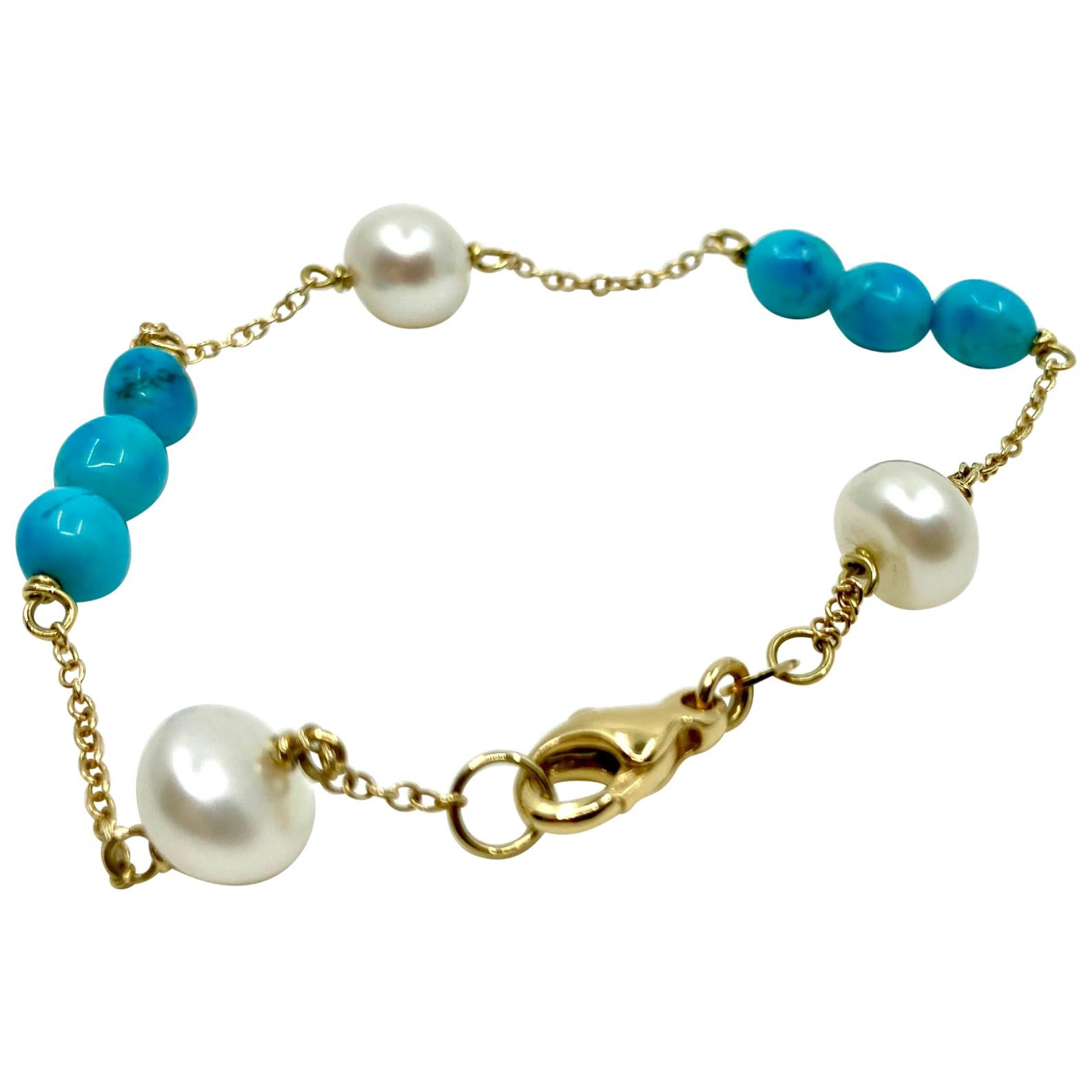 18 Karat Gold Turquoise and Pearl Bracelet For Sale