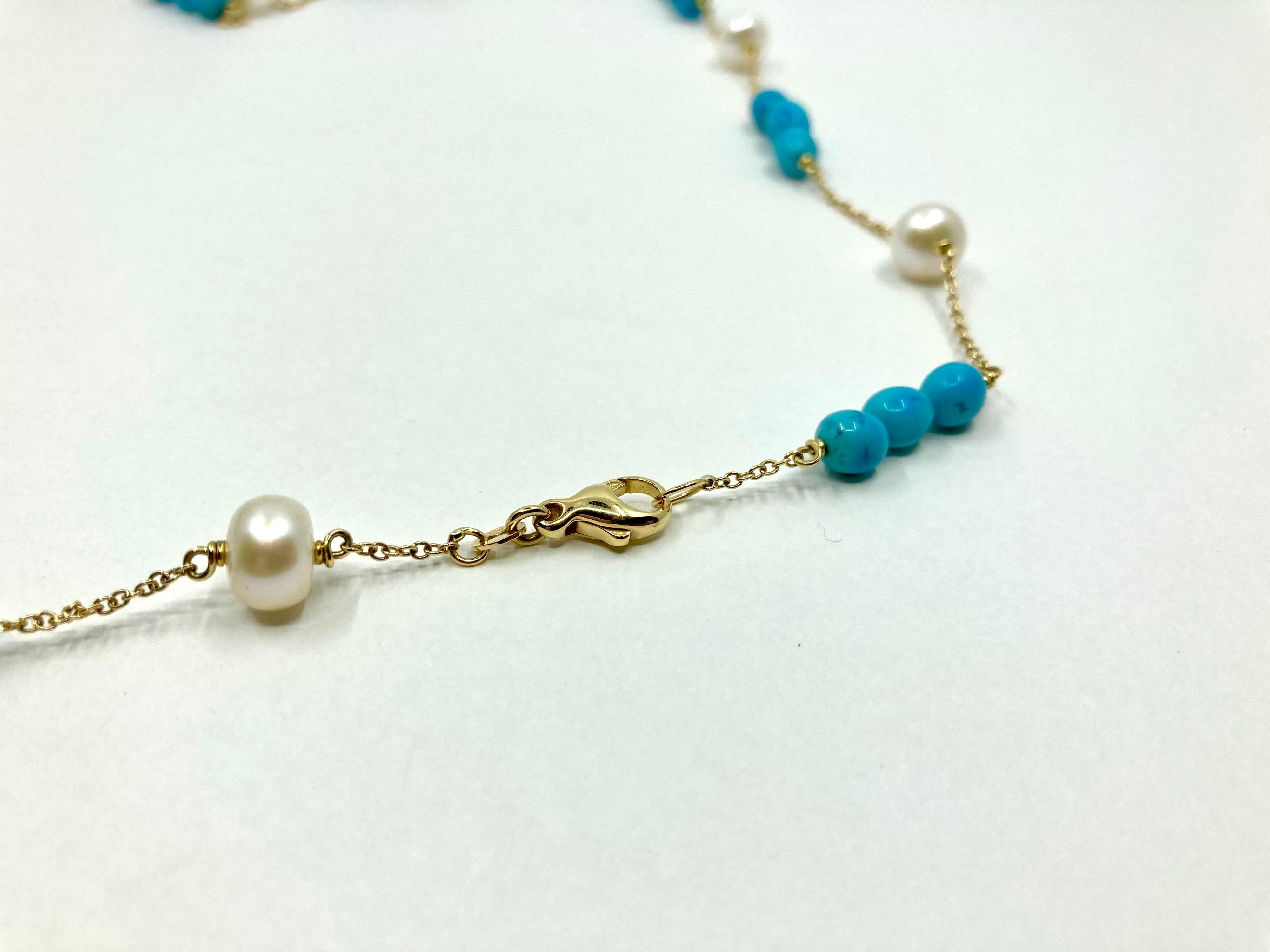 Modern 18 Karat Gold Turquoise and Pearl  Necklace For Sale