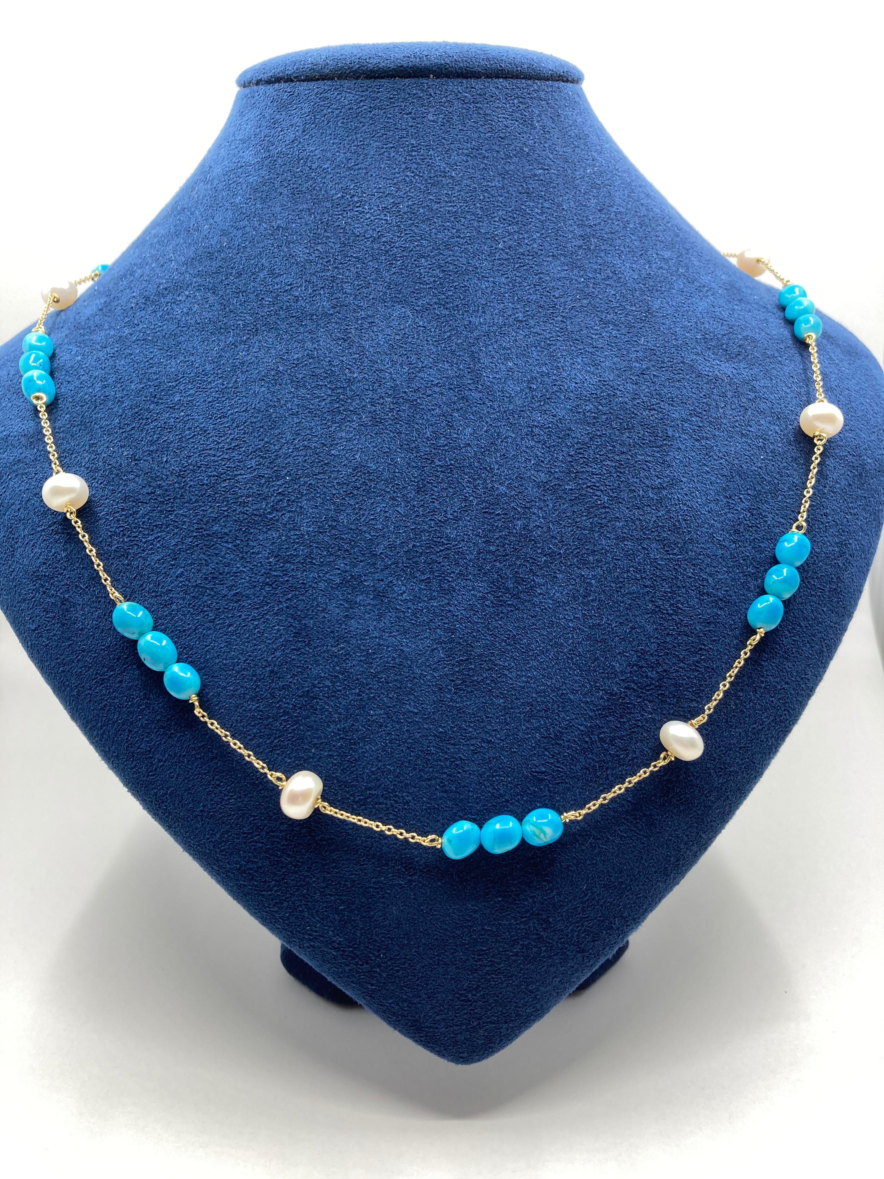 Round Cut 18 Karat Gold Turquoise and Pearl  Necklace For Sale
