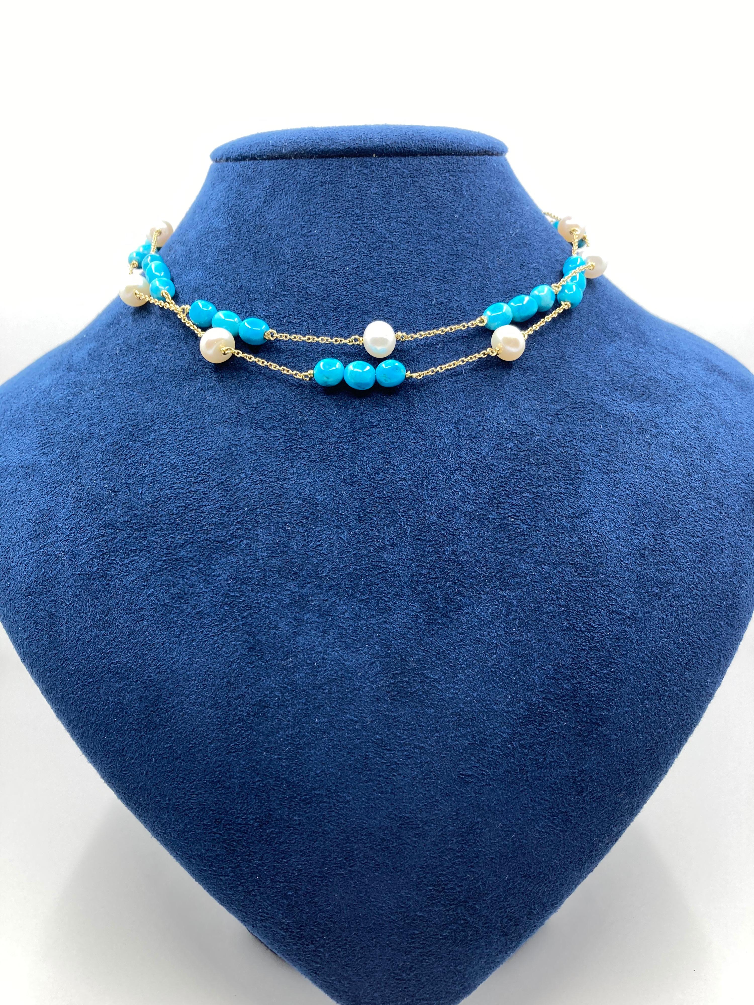 18 Karat Gold Turquoise and Pearl  Necklace In New Condition For Sale In Valenza, IT
