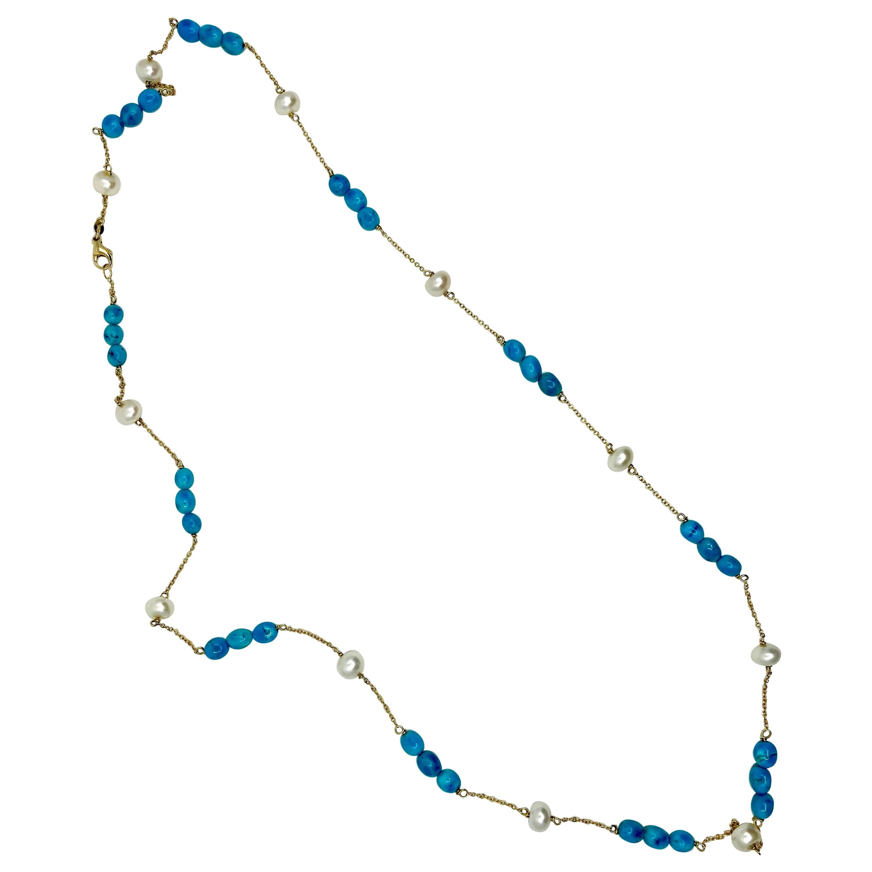 18 Karat Gold Turquoise and Pearl  Necklace For Sale