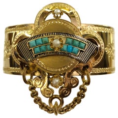 Antique 18 Karat Gold Turquoise and Pearls Bracelet