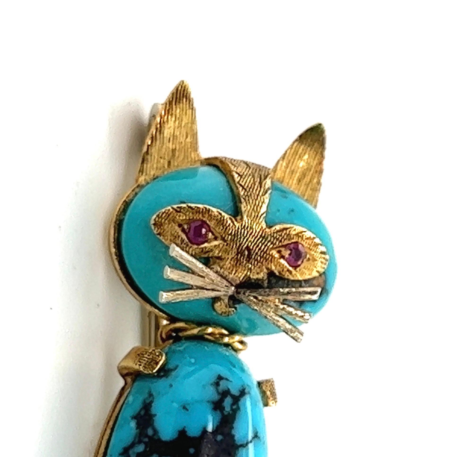 Retro 18 Karat Gold Turquoise and Ruby Cat Pin Brooch by Cartier, circa 1960s