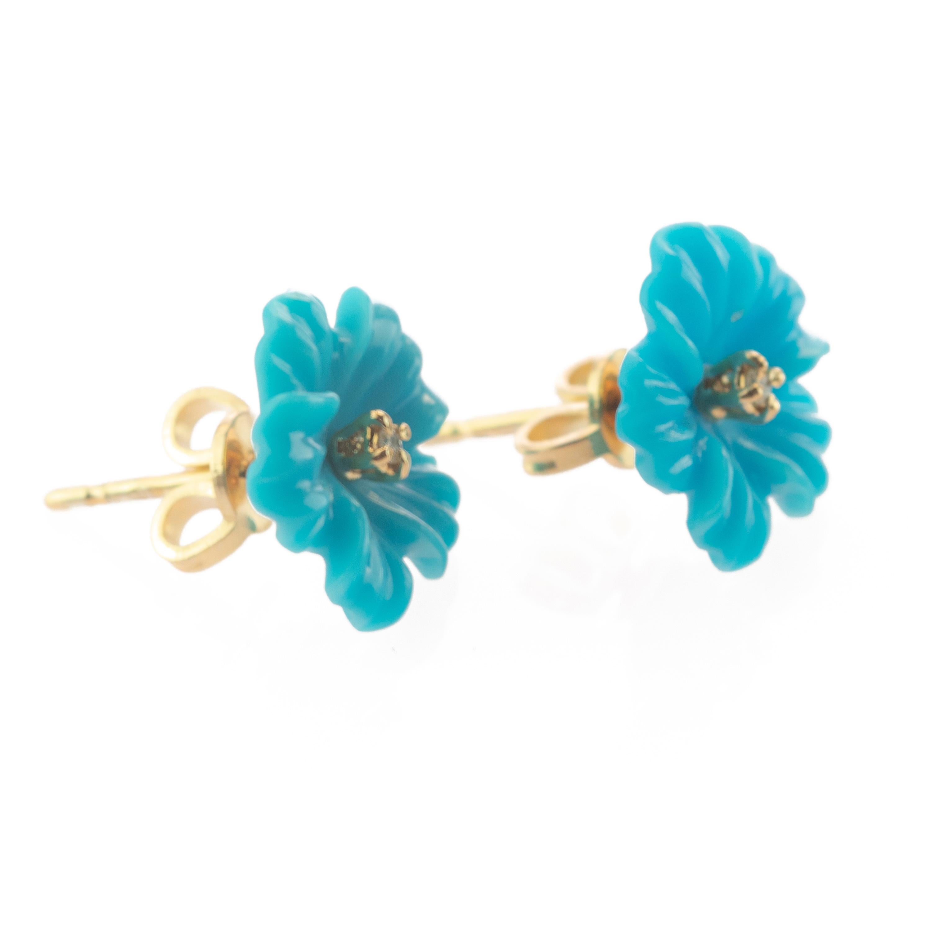 Art Nouveau 18 Karat Gold Turquoise Diamond Flower Handmade Italian Girl Stud Blue Earrings
