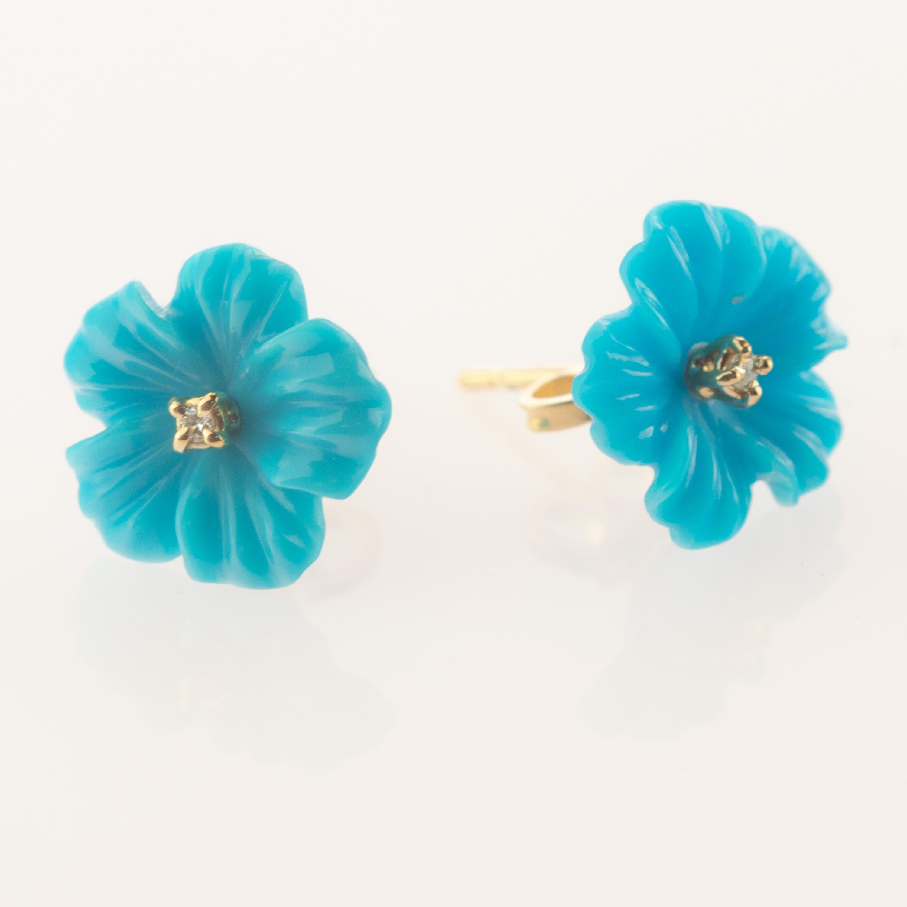 Mixed Cut 18 Karat Gold Turquoise Diamond Flower Handmade Italian Girl Stud Blue Earrings