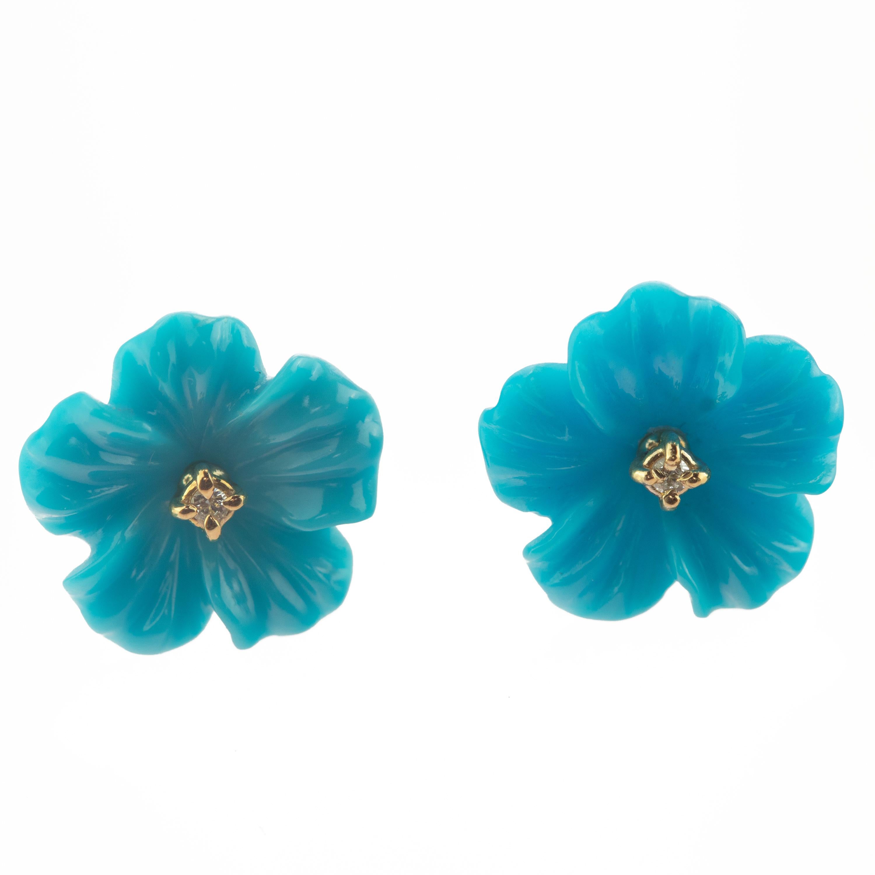 Women's 18 Karat Gold Turquoise Diamond Flower Handmade Italian Girl Stud Blue Earrings