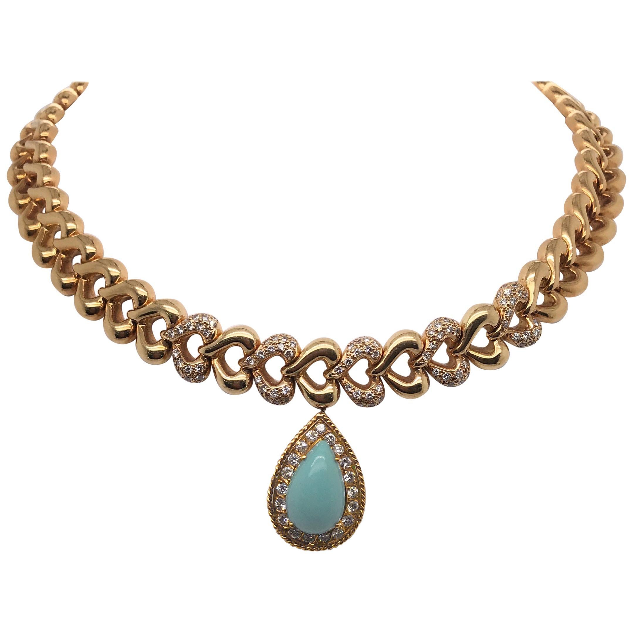 18 Karat Gold Turquoise Diamond Heart Motif Collar Necklace, French