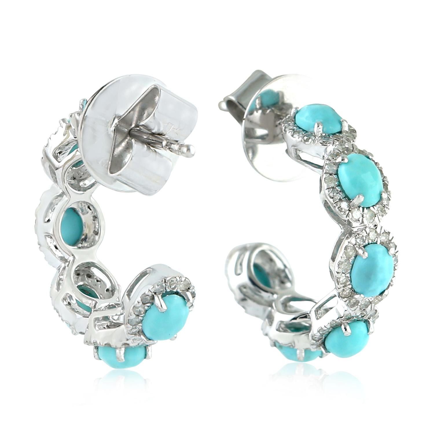 Contemporary 14 Karat Gold Turquoise Diamond Hoop Earrings For Sale