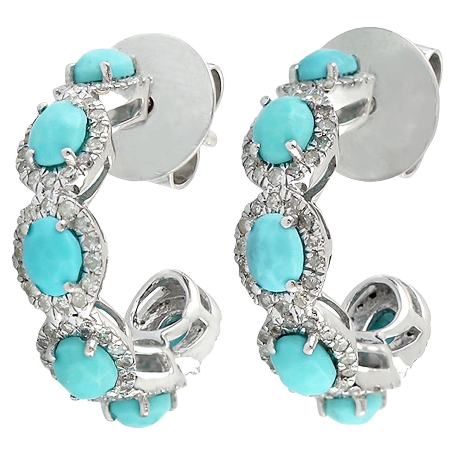 Boucles d'oreilles créoles en or 14 carats avec turquoise et diamant