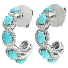 Boucles d'oreilles créoles en or 14 carats avec turquoise et diamant