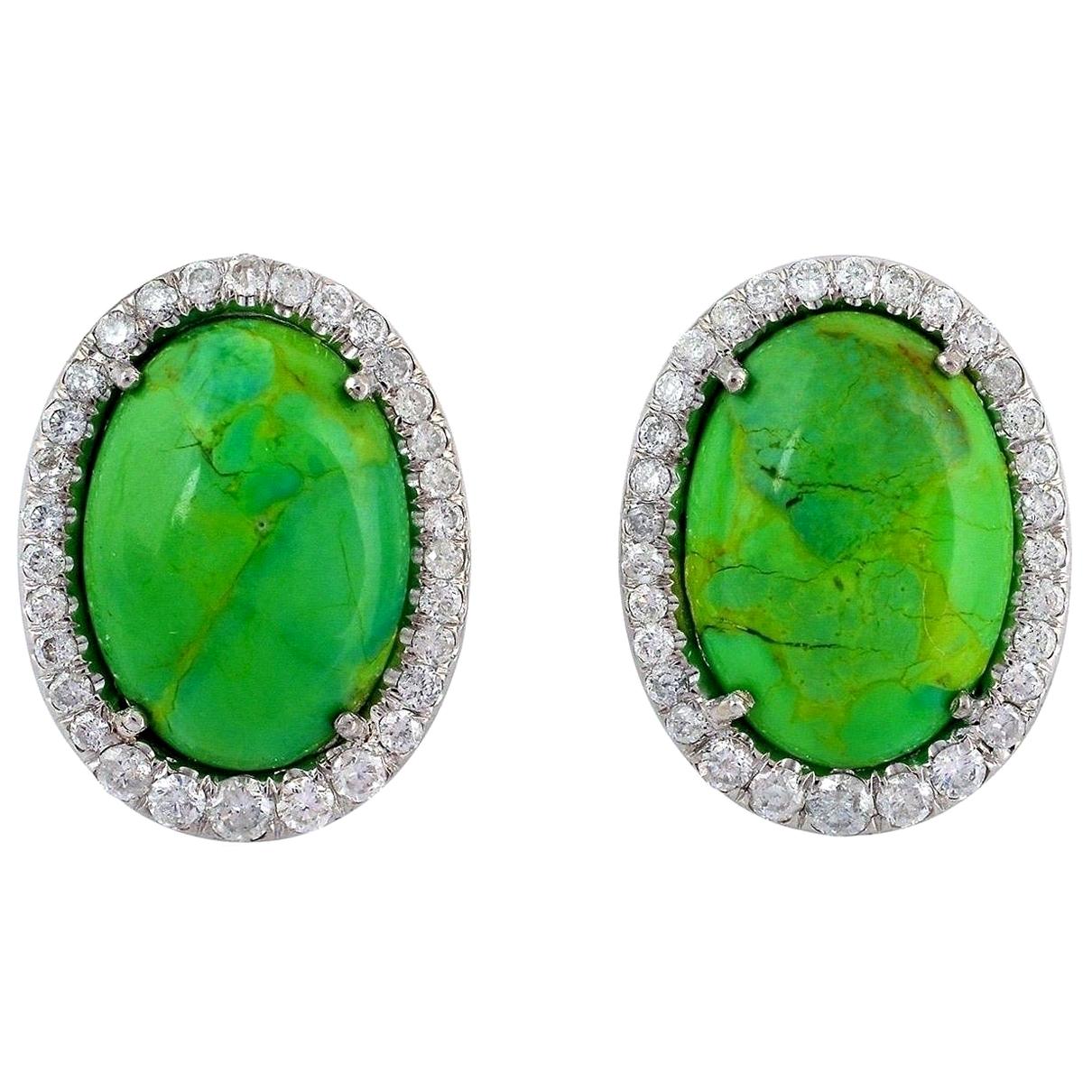 18 Karat Gold Turquoise Diamond Oval Stud Earrings